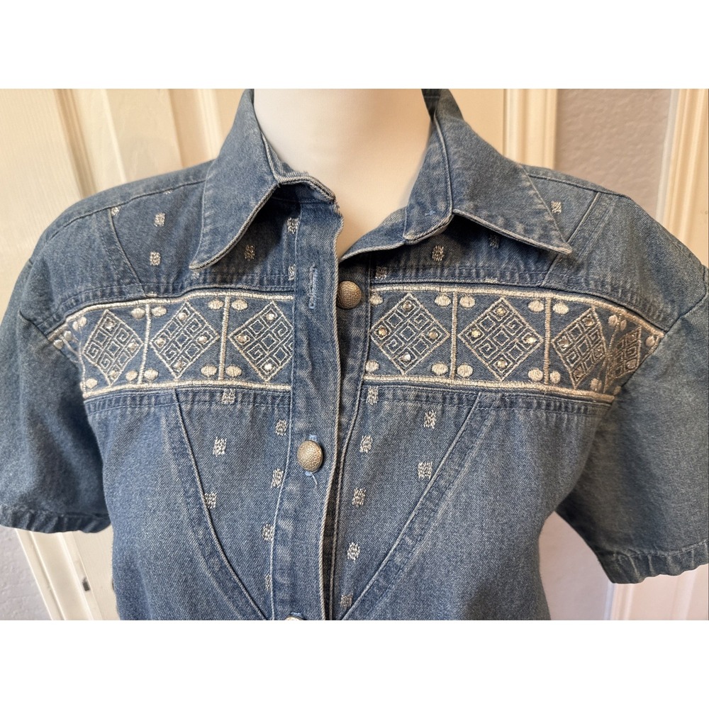 Vintage 80s City Girl Denim‎ Western Embroidered Blouse Denim Shirt Size 6 P